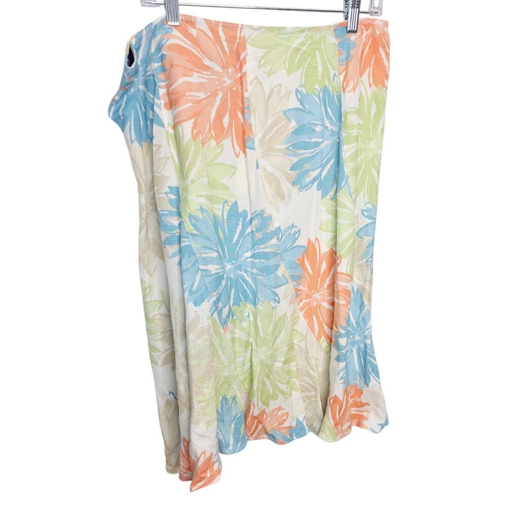 Womens Coral Green Blue White Floral Linen Blend A-Line Flare Skirt Size 14 Midi